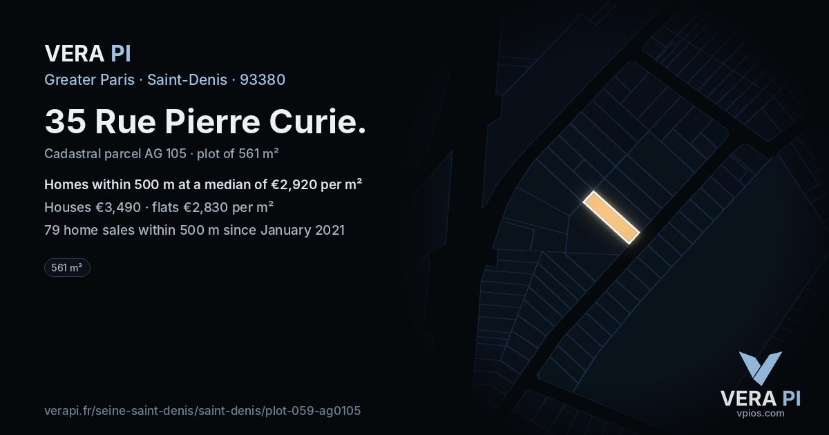35 Rue Pierre Curie, Saint-Denis at night – the plot lit, the parcels around coloured by the prices near them