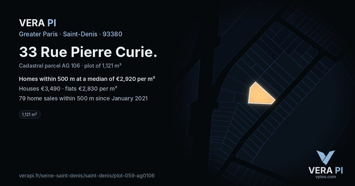 33 Rue Pierre Curie, Saint-Denis at night – the plot lit, the parcels around coloured by the prices near them