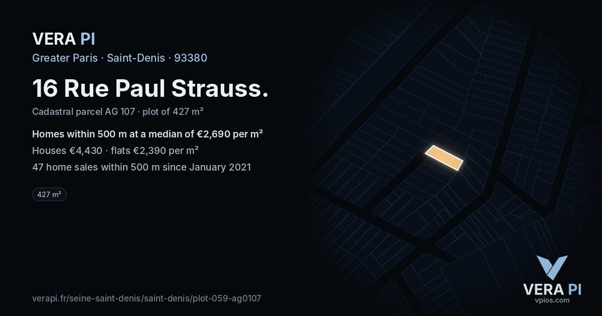 16 Rue Paul Strauss, Saint-Denis at night – the plot lit, the parcels around coloured by the prices near them