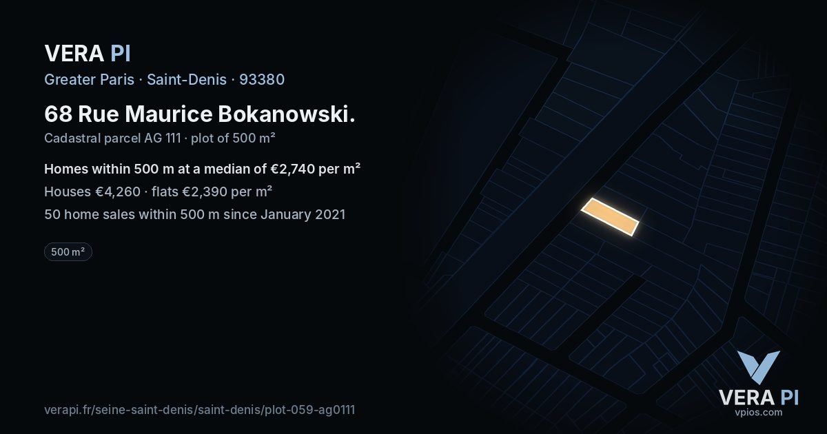 68 Rue Maurice Bokanowski, Saint-Denis at night – the plot lit, the parcels around coloured by the prices near them
