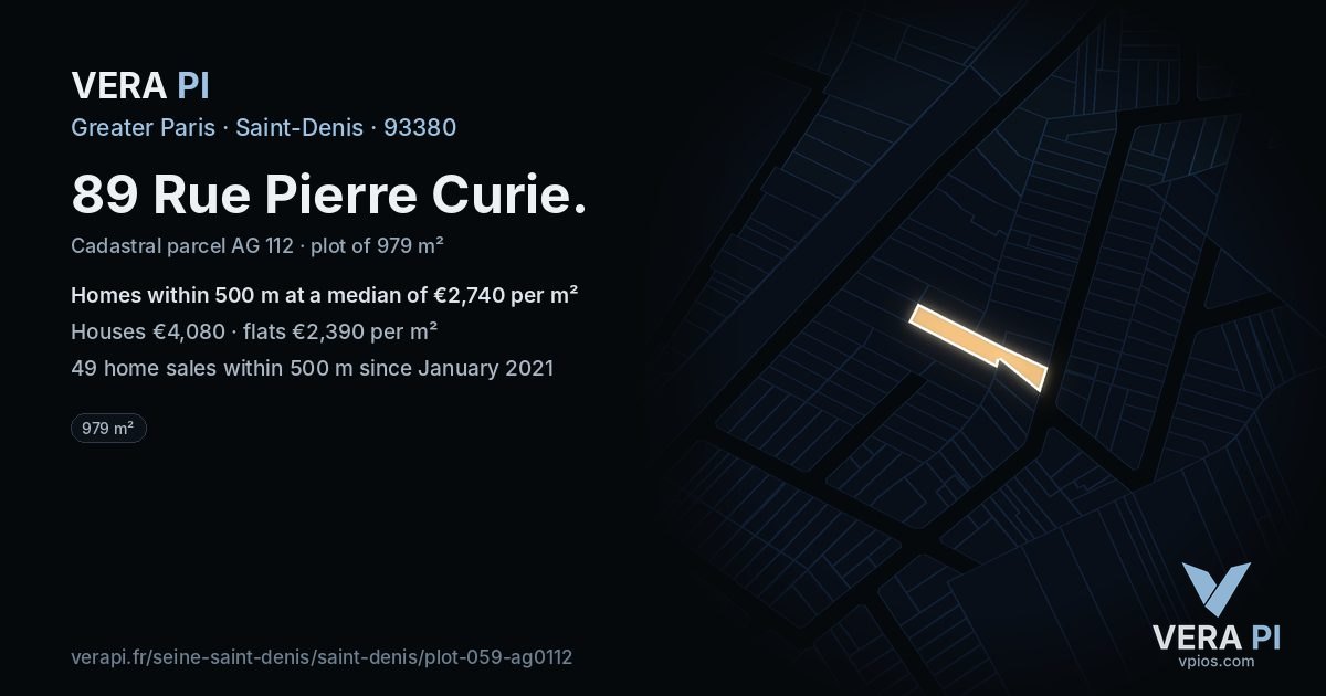 89 Rue Pierre Curie, Saint-Denis at night – the plot lit, the parcels around coloured by the prices near them