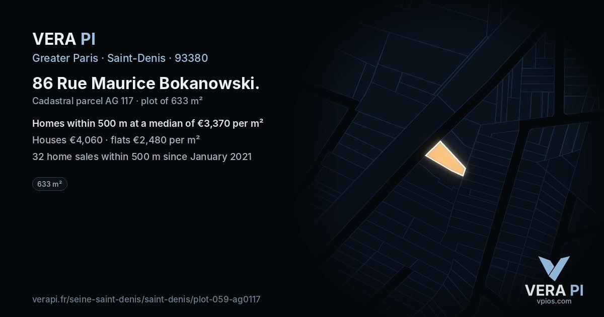 86 Rue Maurice Bokanowski, Saint-Denis at night – the plot lit, the parcels around coloured by the prices near them