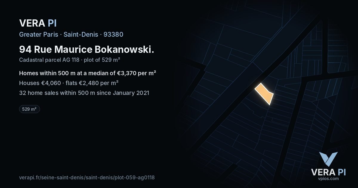 94 Rue Maurice Bokanowski, Saint-Denis at night – the plot lit, the parcels around coloured by the prices near them