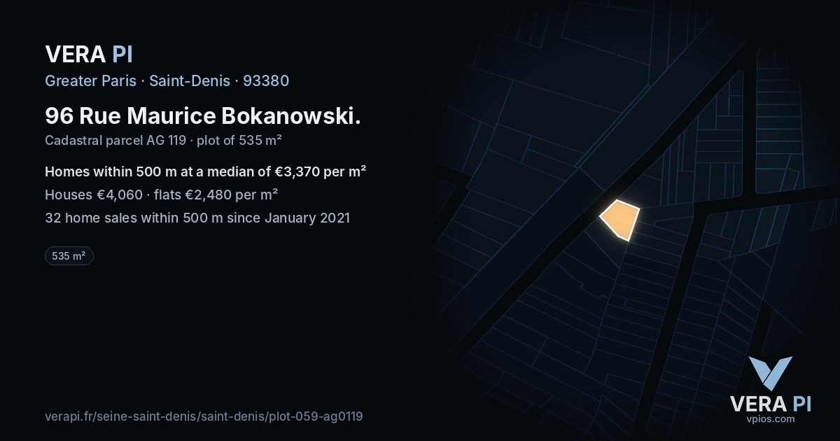 96 Rue Maurice Bokanowski, Saint-Denis at night – the plot lit, the parcels around coloured by the prices near them