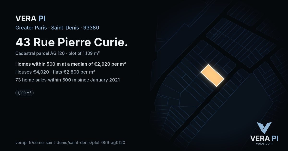 43 Rue Pierre Curie, Saint-Denis at night – the plot lit, the parcels around coloured by the prices near them