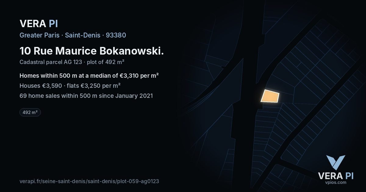 10 Rue Maurice Bokanowski, Saint-Denis at night – the plot lit, the parcels around coloured by the prices near them