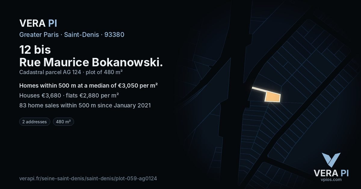 12 bis Rue Maurice Bokanowski, Saint-Denis at night – the plot lit, the parcels around coloured by the prices near them
