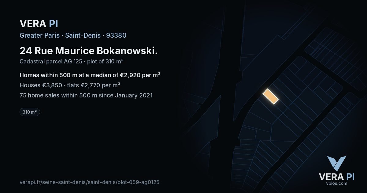24 Rue Maurice Bokanowski, Saint-Denis at night – the plot lit, the parcels around coloured by the prices near them