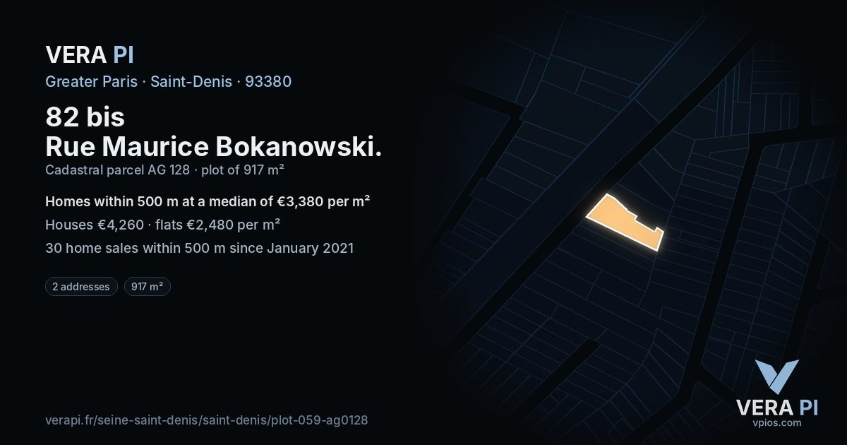 82 bis Rue Maurice Bokanowski, Saint-Denis at night – the plot lit, the parcels around coloured by the prices near them