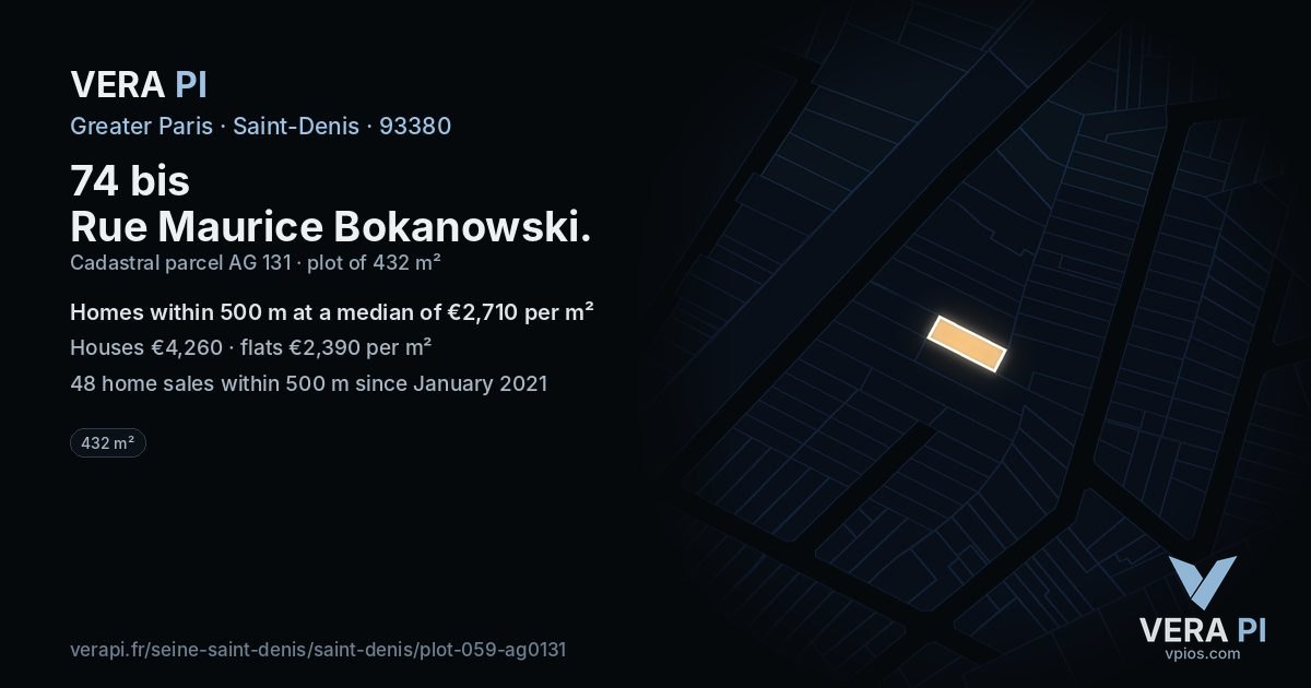 74 bis Rue Maurice Bokanowski, Saint-Denis at night – the plot lit, the parcels around coloured by the prices near them