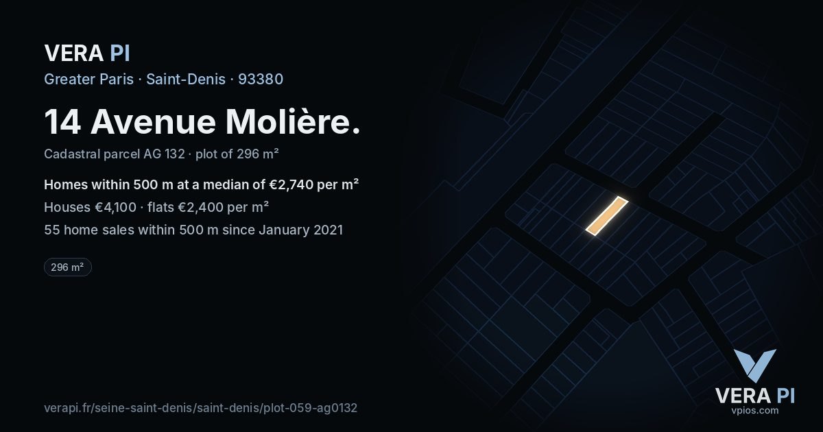 14 Avenue Molière, Saint-Denis at night – the plot lit, the parcels around coloured by the prices near them