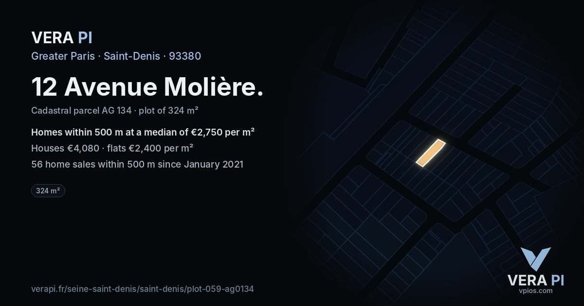12 Avenue Molière, Saint-Denis at night – the plot lit, the parcels around coloured by the prices near them