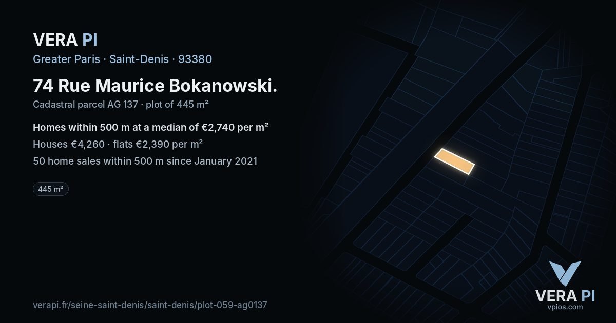 74 Rue Maurice Bokanowski, Saint-Denis at night – the plot lit, the parcels around coloured by the prices near them