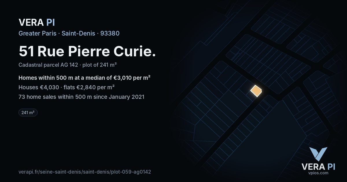 51 Rue Pierre Curie, Saint-Denis at night – the plot lit, the parcels around coloured by the prices near them