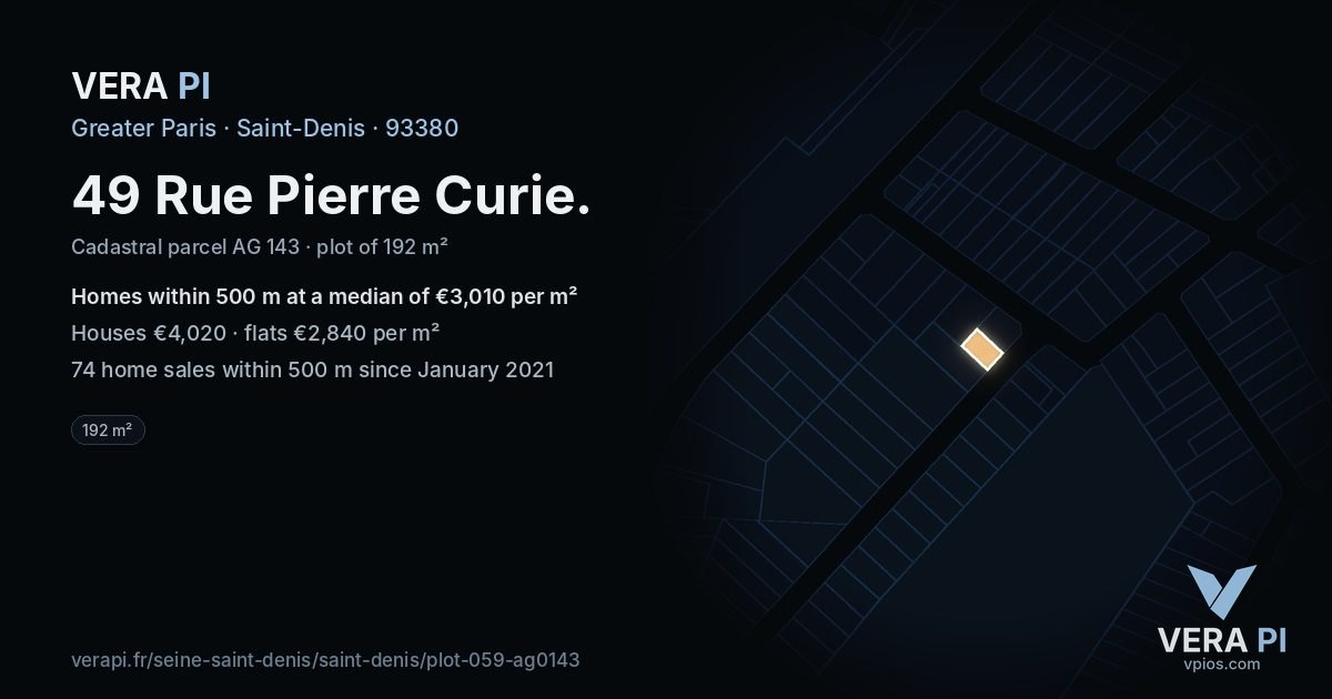 49 Rue Pierre Curie, Saint-Denis at night – the plot lit, the parcels around coloured by the prices near them