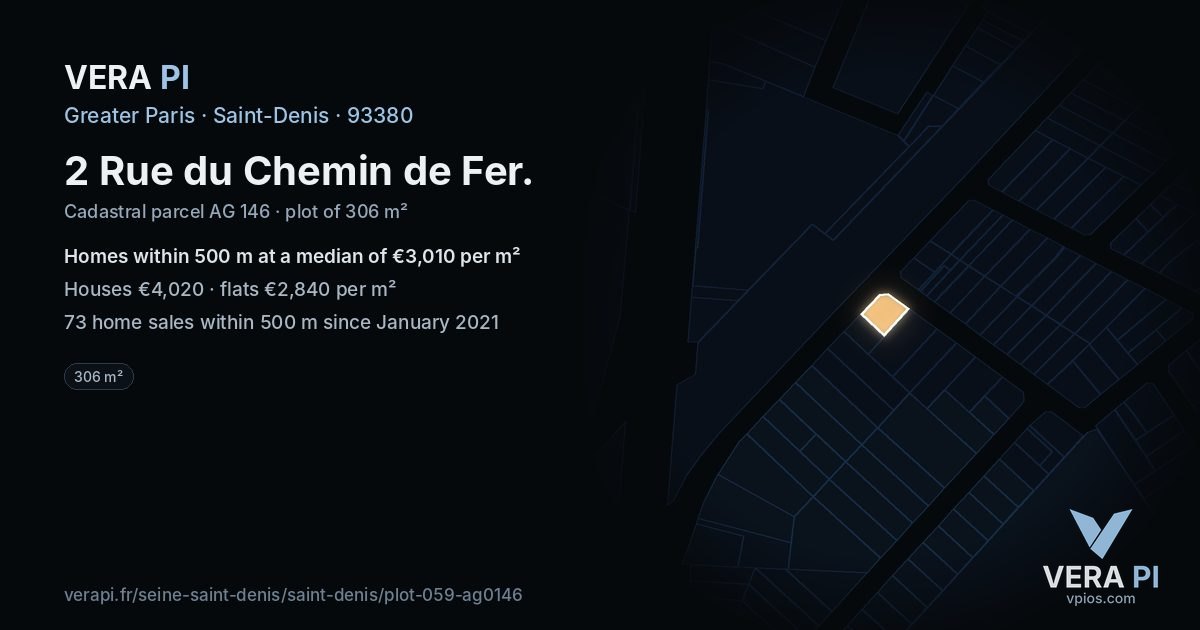 2 Rue du Chemin de Fer, Saint-Denis at night – the plot lit, the parcels around coloured by the prices near them