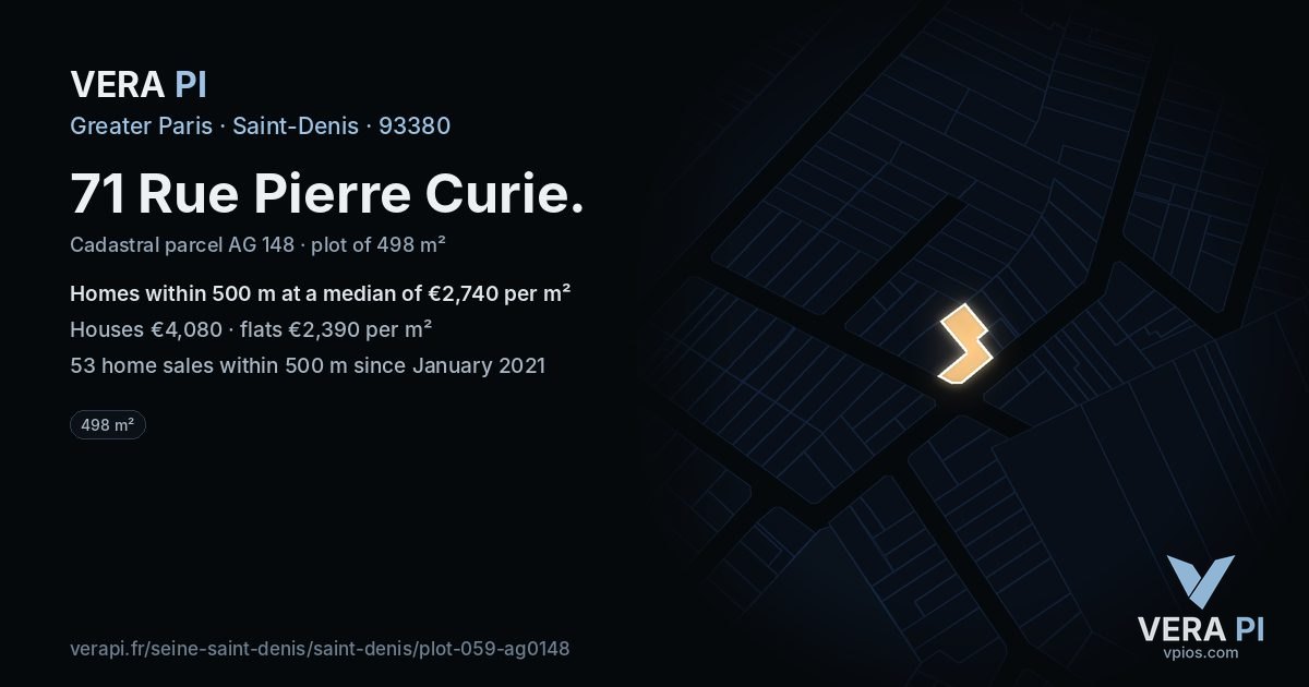 71 Rue Pierre Curie, Saint-Denis at night – the plot lit, the parcels around coloured by the prices near them
