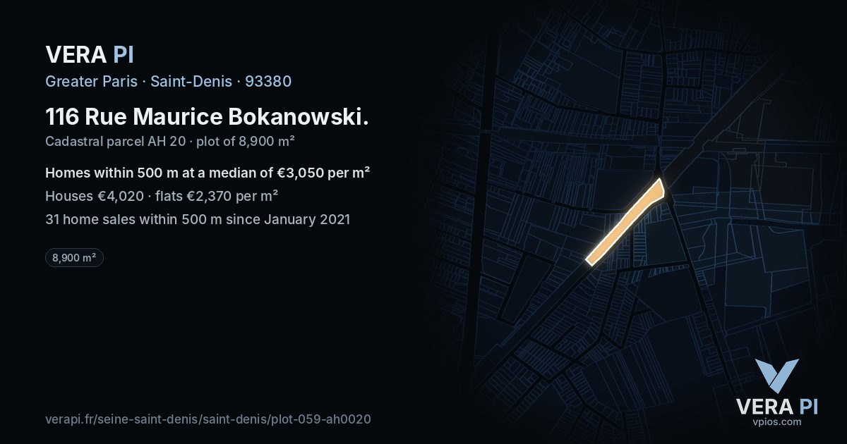 116 Rue Maurice Bokanowski, Saint-Denis at night – the plot lit, the parcels around coloured by the prices near them