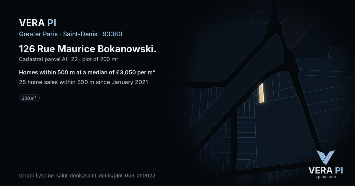 126 Rue Maurice Bokanowski, Saint-Denis at night – the plot lit, the parcels around coloured by the prices near them