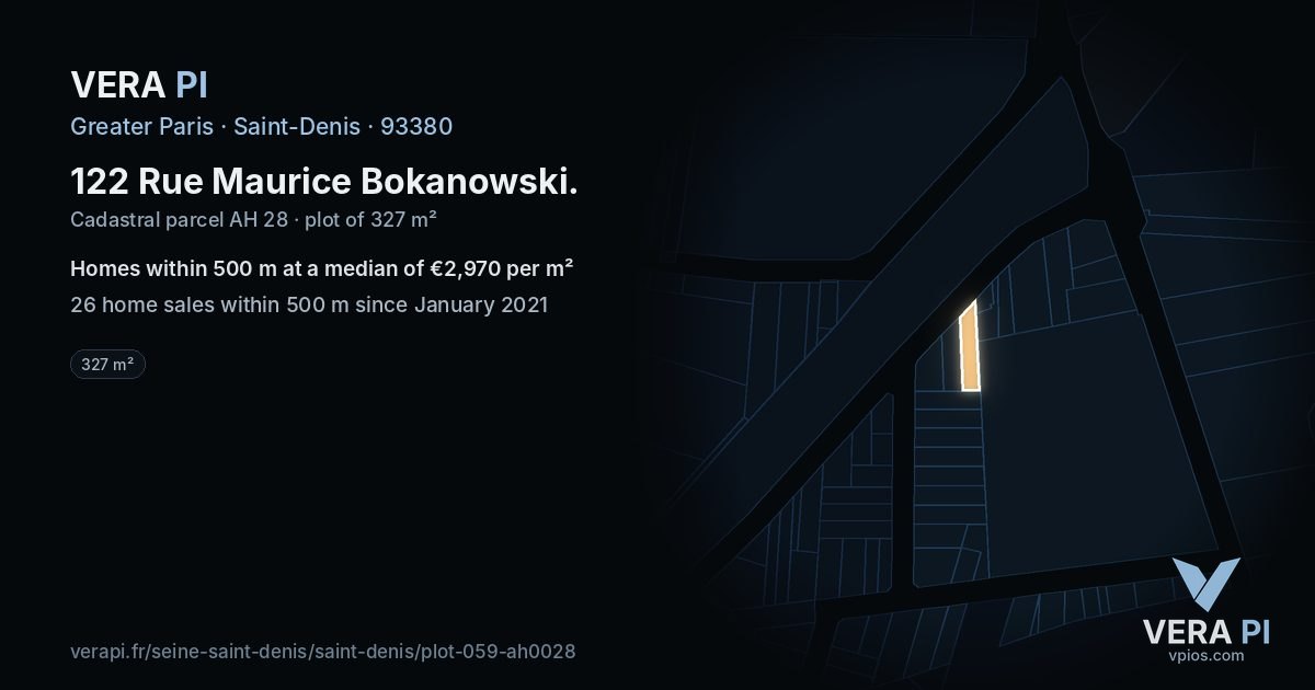 122 Rue Maurice Bokanowski, Saint-Denis at night – the plot lit, the parcels around coloured by the prices near them