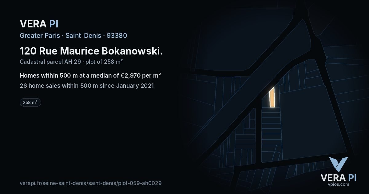 120 Rue Maurice Bokanowski, Saint-Denis at night – the plot lit, the parcels around coloured by the prices near them