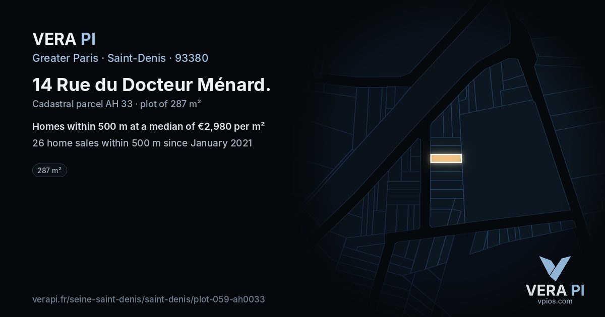 14 Rue du Docteur Ménard, Saint-Denis at night – the plot lit, the parcels around coloured by the prices near them