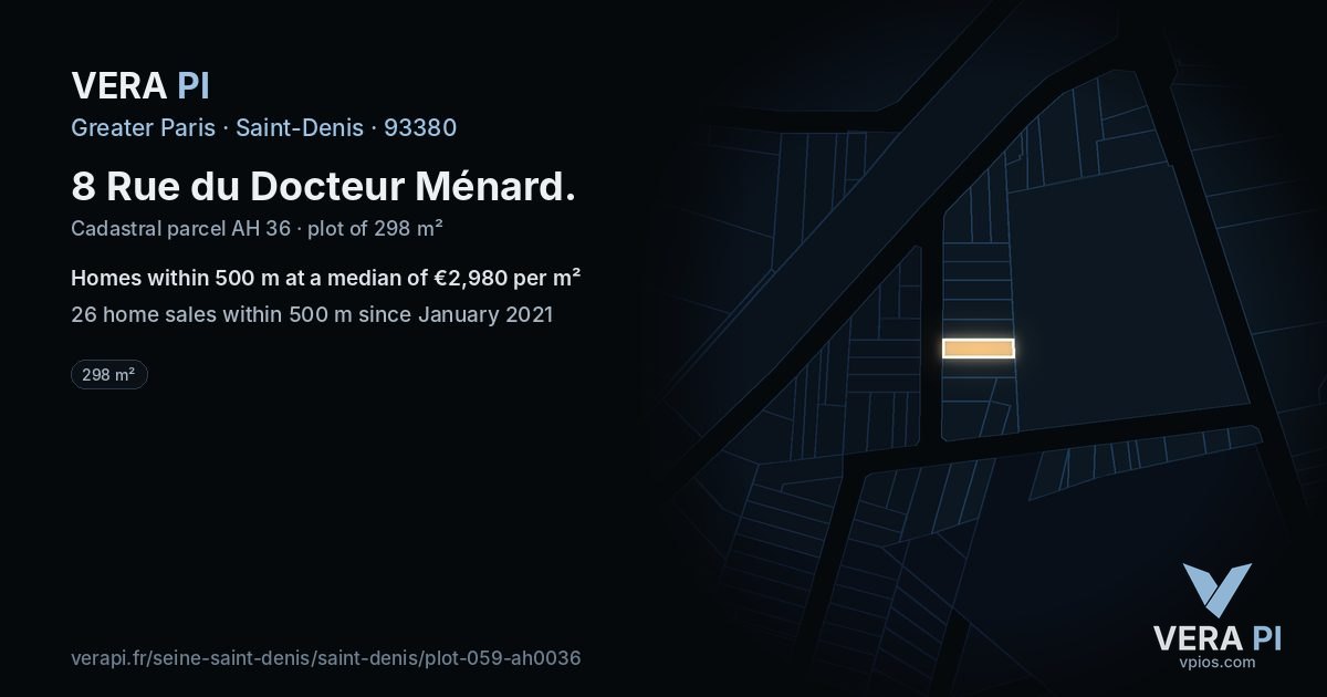 8 Rue du Docteur Ménard, Saint-Denis at night – the plot lit, the parcels around coloured by the prices near them
