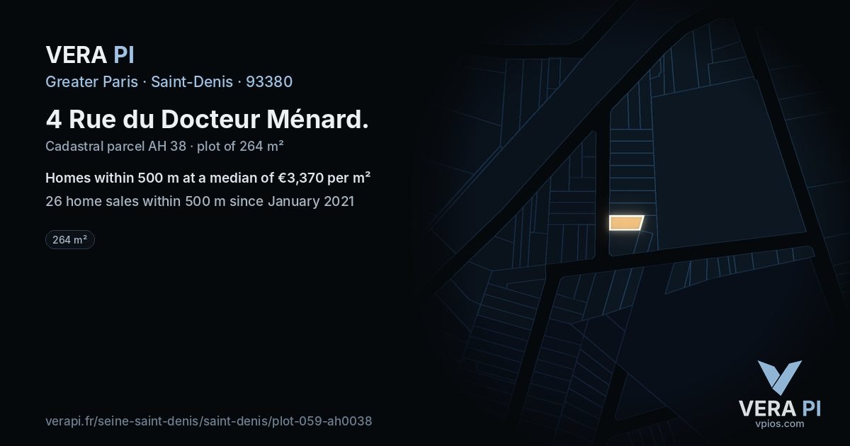 4 Rue du Docteur Ménard, Saint-Denis at night – the plot lit, the parcels around coloured by the prices near them