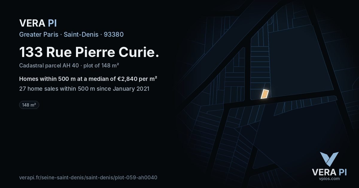 133 Rue Pierre Curie, Saint-Denis at night – the plot lit, the parcels around coloured by the prices near them