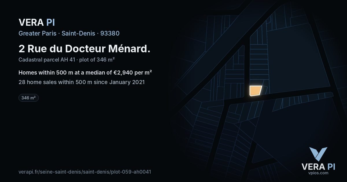 2 Rue du Docteur Ménard, Saint-Denis at night – the plot lit, the parcels around coloured by the prices near them
