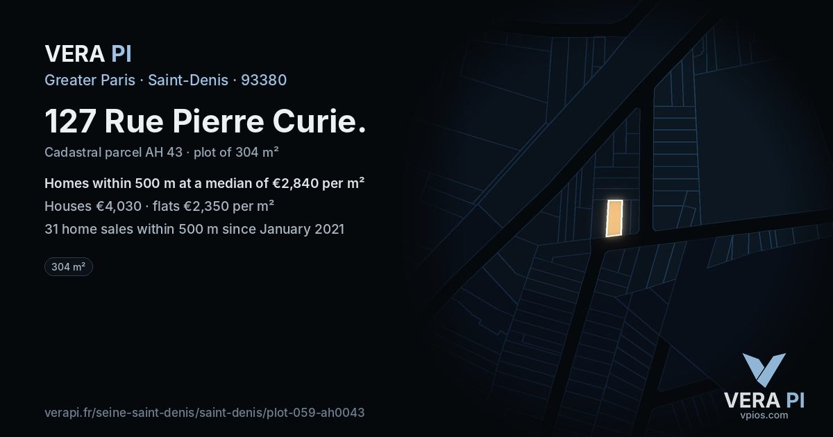 127 Rue Pierre Curie, Saint-Denis at night – the plot lit, the parcels around coloured by the prices near them