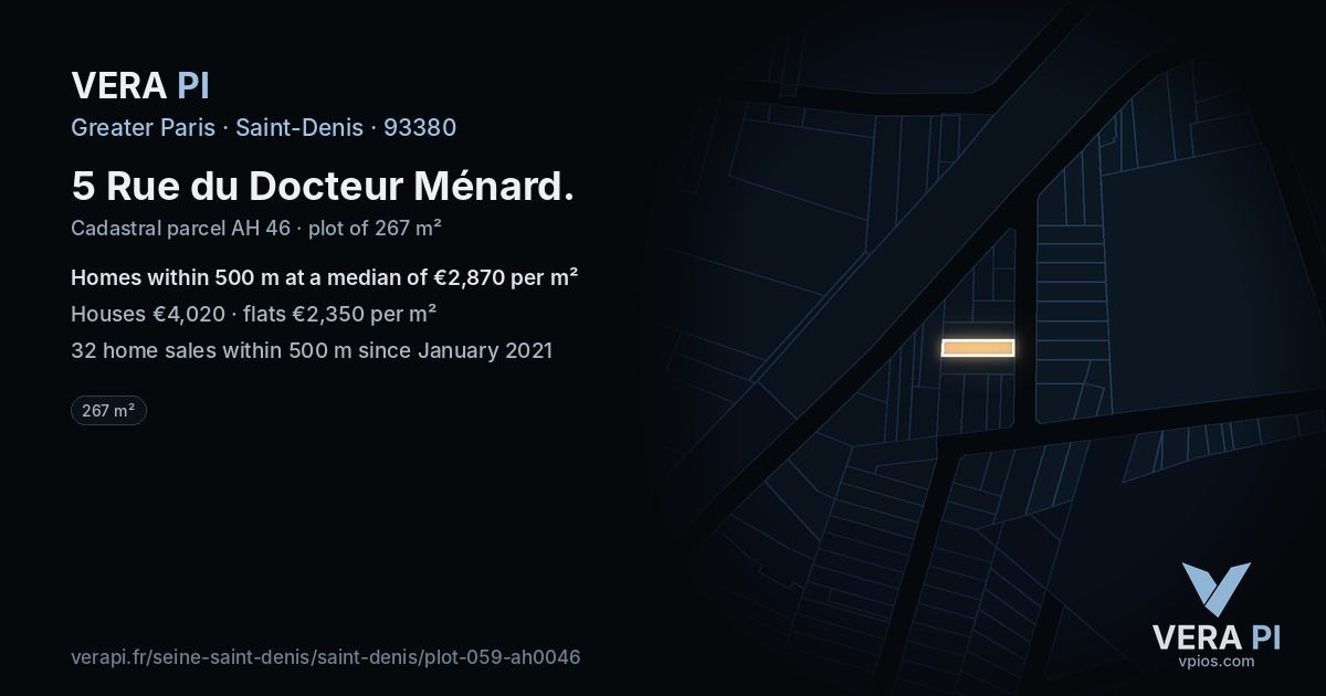 5 Rue du Docteur Ménard, Saint-Denis at night – the plot lit, the parcels around coloured by the prices near them