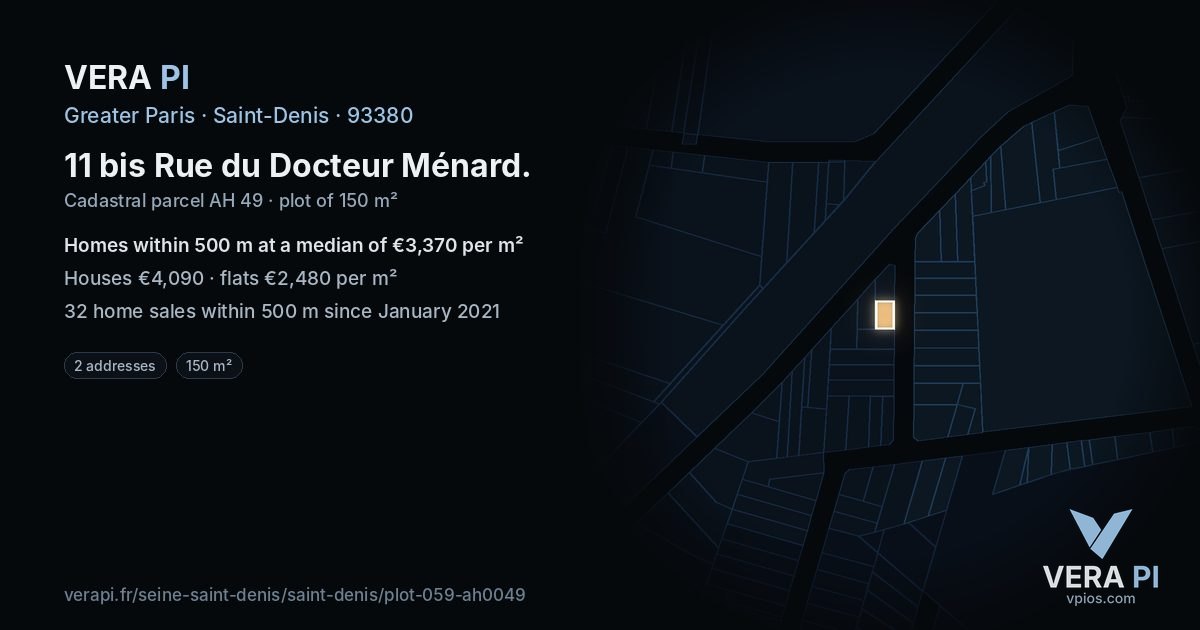11 bis Rue du Docteur Ménard, Saint-Denis at night – the plot lit, the parcels around coloured by the prices near them