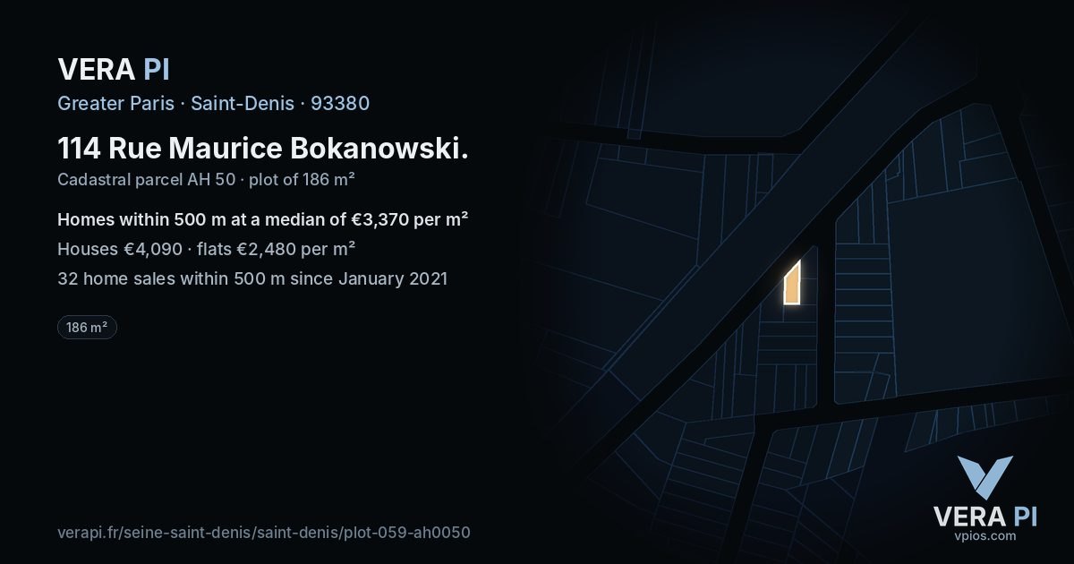 114 Rue Maurice Bokanowski, Saint-Denis at night – the plot lit, the parcels around coloured by the prices near them
