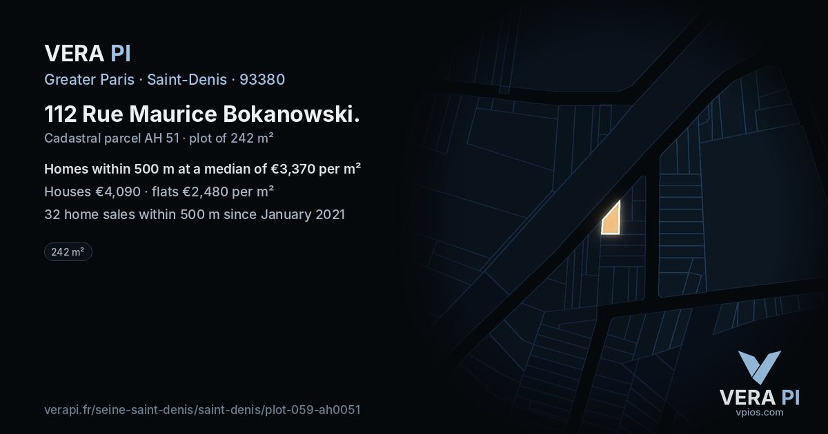 112 Rue Maurice Bokanowski, Saint-Denis at night – the plot lit, the parcels around coloured by the prices near them