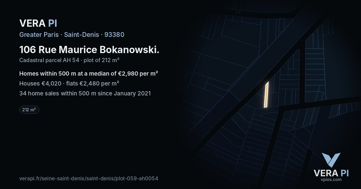 106 Rue Maurice Bokanowski, Saint-Denis at night – the plot lit, the parcels around coloured by the prices near them