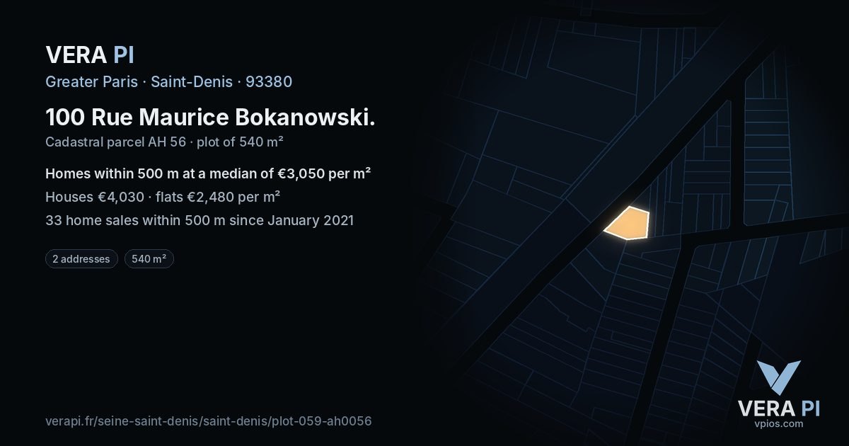 100 Rue Maurice Bokanowski, Saint-Denis at night – the plot lit, the parcels around coloured by the prices near them