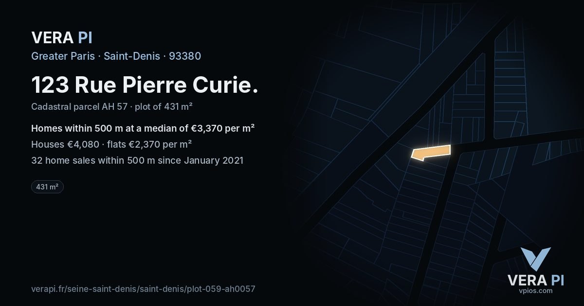 123 Rue Pierre Curie, Saint-Denis at night – the plot lit, the parcels around coloured by the prices near them