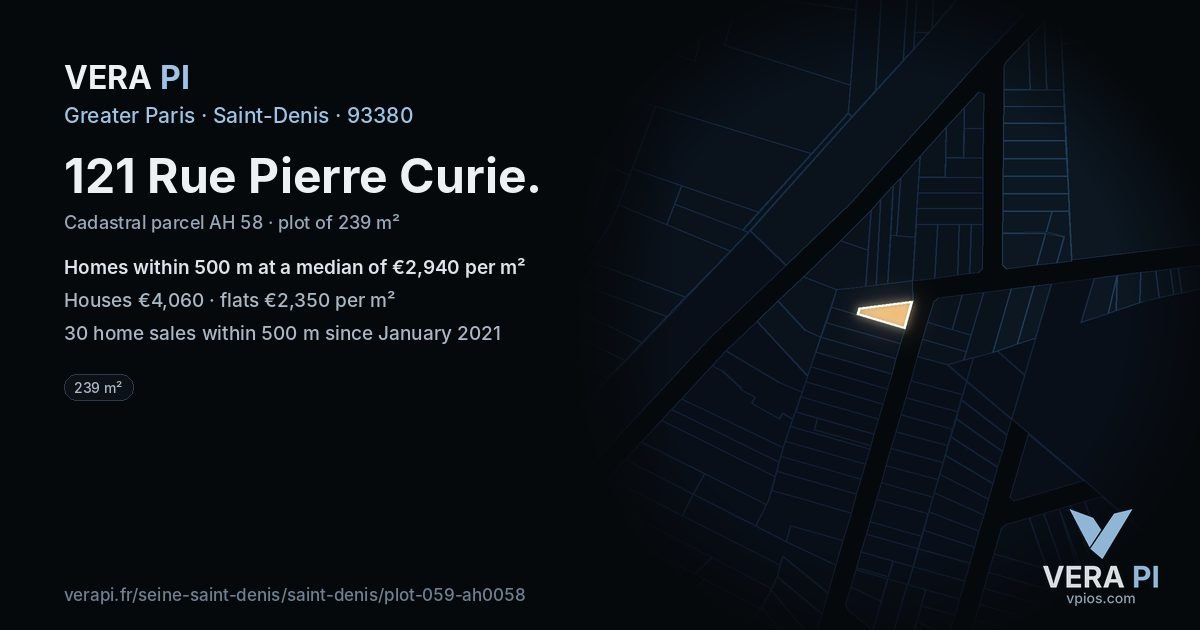 121 Rue Pierre Curie, Saint-Denis at night – the plot lit, the parcels around coloured by the prices near them
