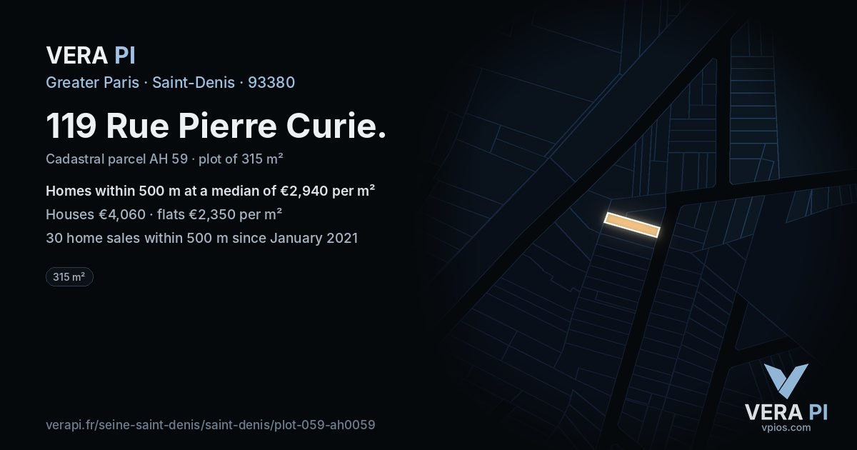 119 Rue Pierre Curie, Saint-Denis at night – the plot lit, the parcels around coloured by the prices near them