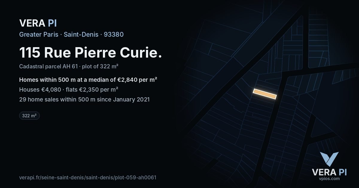 115 Rue Pierre Curie, Saint-Denis at night – the plot lit, the parcels around coloured by the prices near them