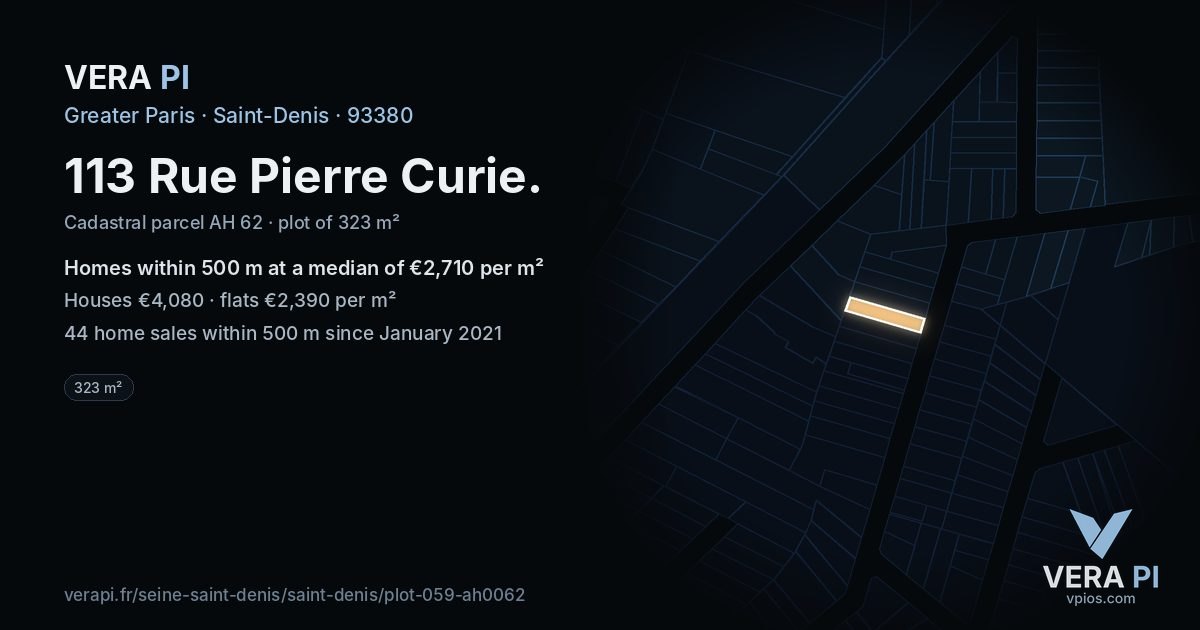 113 Rue Pierre Curie, Saint-Denis at night – the plot lit, the parcels around coloured by the prices near them