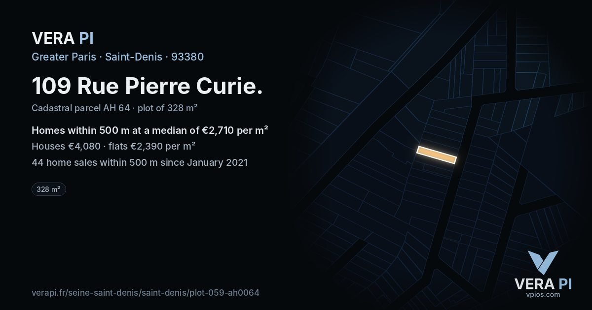109 Rue Pierre Curie, Saint-Denis at night – the plot lit, the parcels around coloured by the prices near them