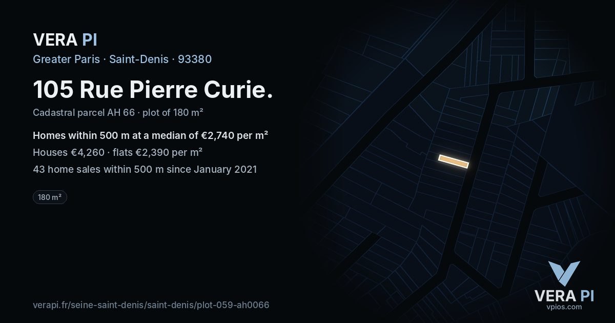 105 Rue Pierre Curie, Saint-Denis at night – the plot lit, the parcels around coloured by the prices near them