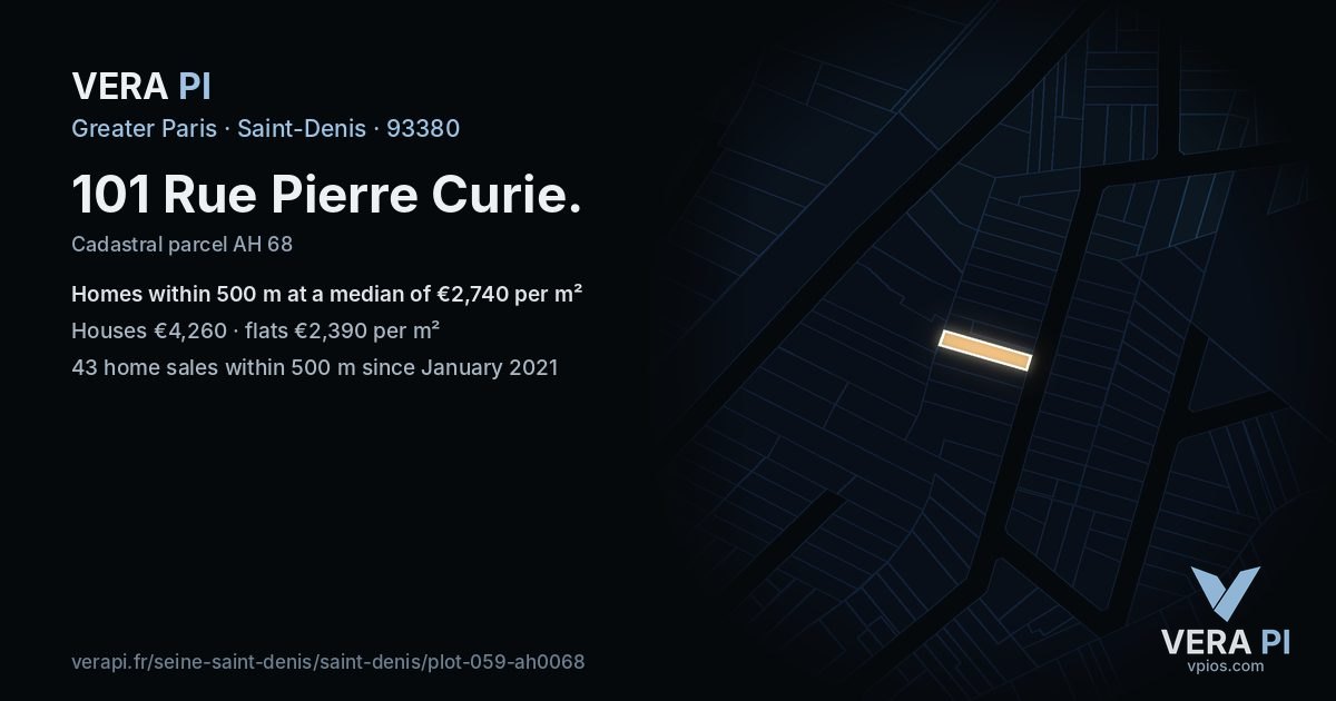101 Rue Pierre Curie, Saint-Denis at night – the plot lit, the parcels around coloured by the prices near them