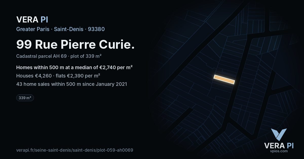 99 Rue Pierre Curie, Saint-Denis at night – the plot lit, the parcels around coloured by the prices near them