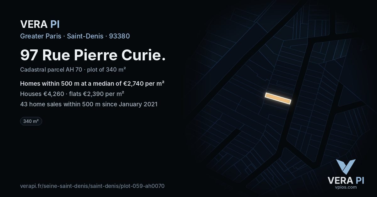 97 Rue Pierre Curie, Saint-Denis at night – the plot lit, the parcels around coloured by the prices near them