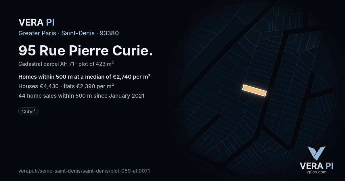 95 Rue Pierre Curie, Saint-Denis at night – the plot lit, the parcels around coloured by the prices near them
