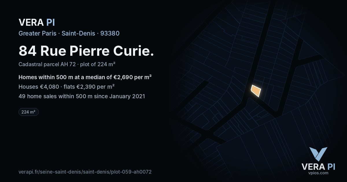 84 Rue Pierre Curie, Saint-Denis at night – the plot lit, the parcels around coloured by the prices near them