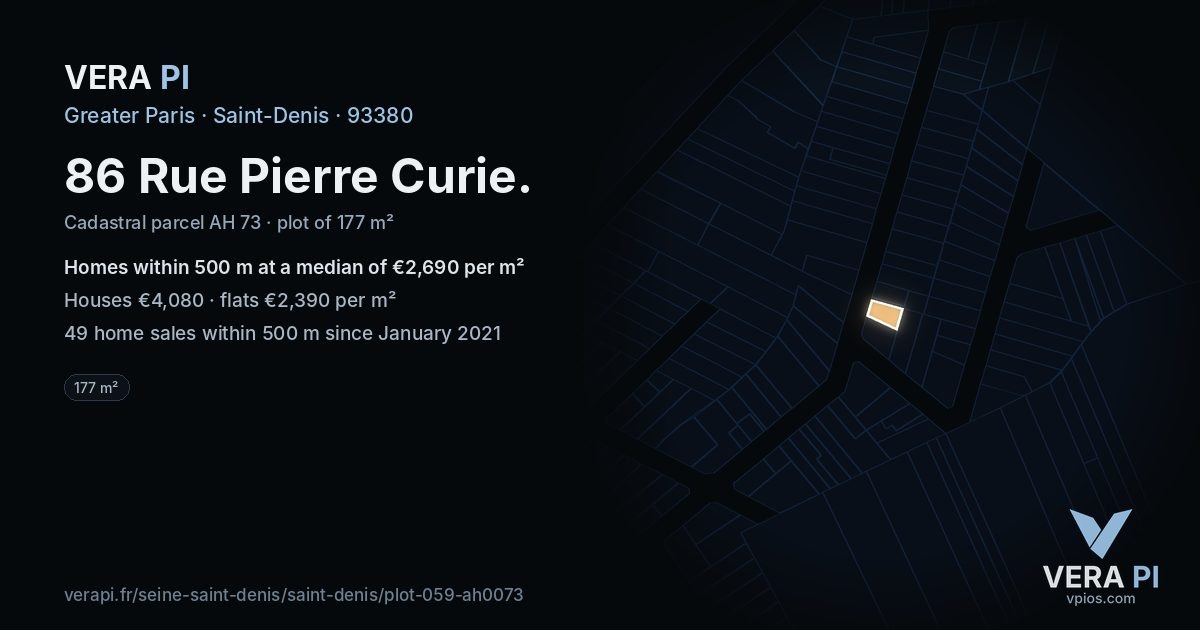 86 Rue Pierre Curie, Saint-Denis at night – the plot lit, the parcels around coloured by the prices near them